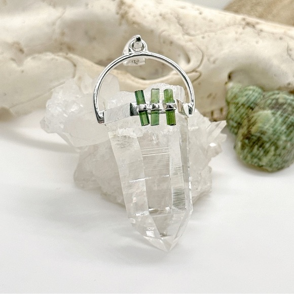 HUGE Lemurian Seed Crystal & Green Tourmaline Sterling Silver Pendant Necklace - Picture 2 of 4